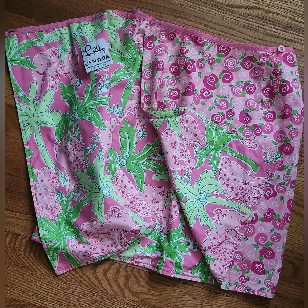 Lilly Pulitzer Reversible Pink Snail/ Green Palm&Pink Elifant Wrap Skirt… - Picture 4 of 12